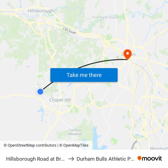 Hillsborough Road at Brunton Drive to Durham Bulls Athletic Park - DBAP map