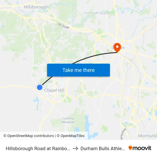 Hillsborough Road at Rainbow Drive Southbound to Durham Bulls Athletic Park - DBAP map