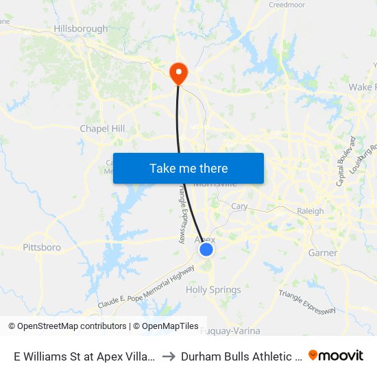 E Williams St at Apex Village Center (Sb) to Durham Bulls Athletic Park - DBAP map