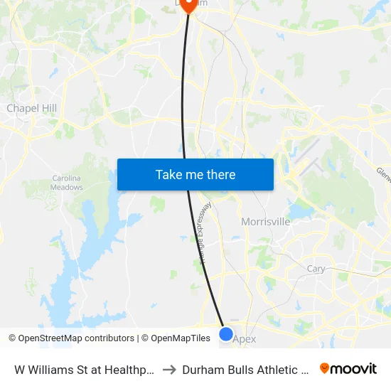 W Williams St at Healthplex Way (Sb) to Durham Bulls Athletic Park - DBAP map