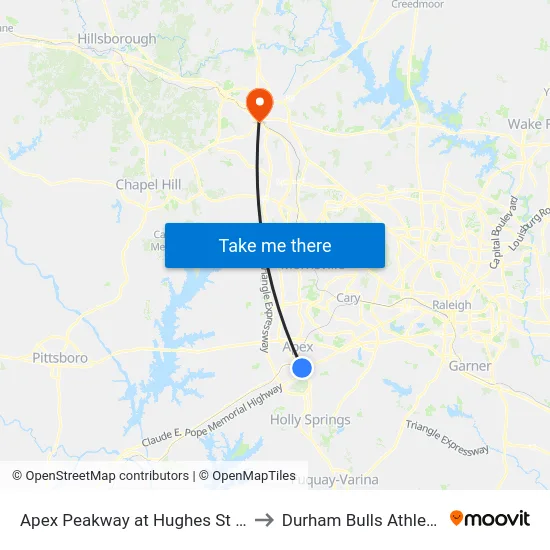 Apex Peakway at Hughes St (Cambridge Village) to Durham Bulls Athletic Park - DBAP map