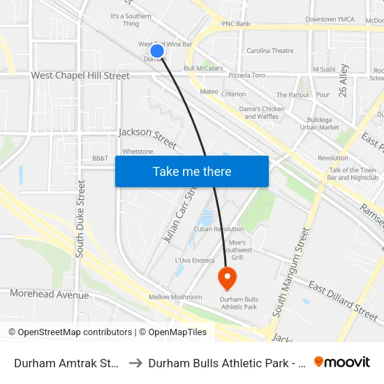 Durham Amtrak Station to Durham Bulls Athletic Park - DBAP map