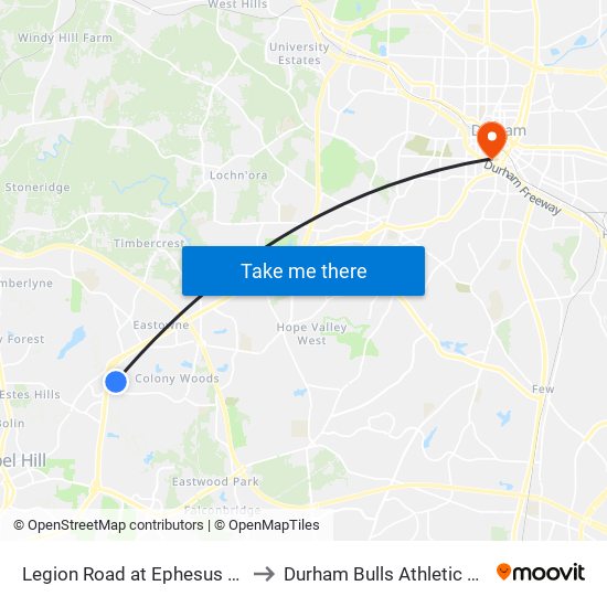 Legion Road at Ephesus Church Road to Durham Bulls Athletic Park - DBAP map