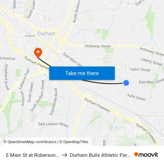 E Main St at Roberson St (Eb) to Durham Bulls Athletic Park - DBAP map