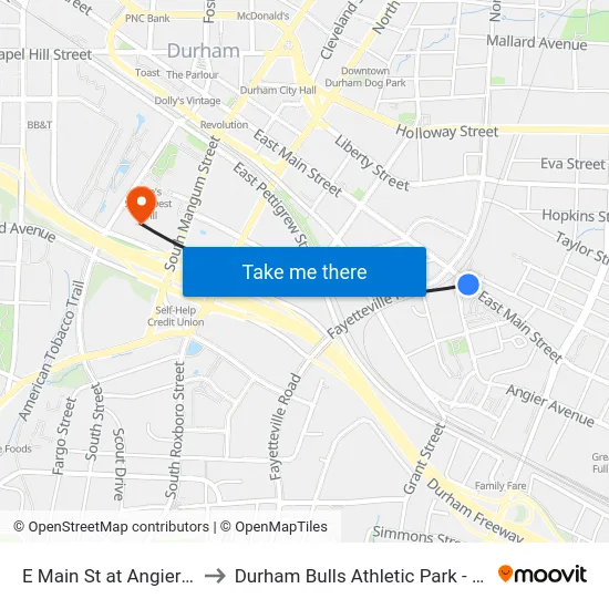 E Main St at Angier Ave to Durham Bulls Athletic Park - DBAP map