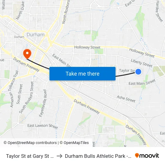 Taylor St at Gary St (Wb) to Durham Bulls Athletic Park - DBAP map