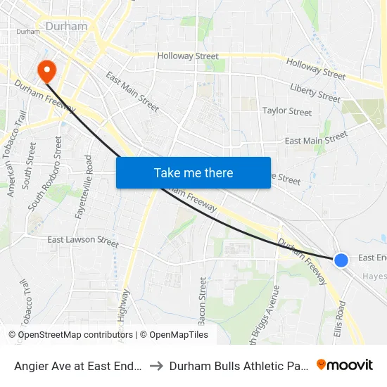 Angier Ave at East End Ave (Eb) to Durham Bulls Athletic Park - DBAP map
