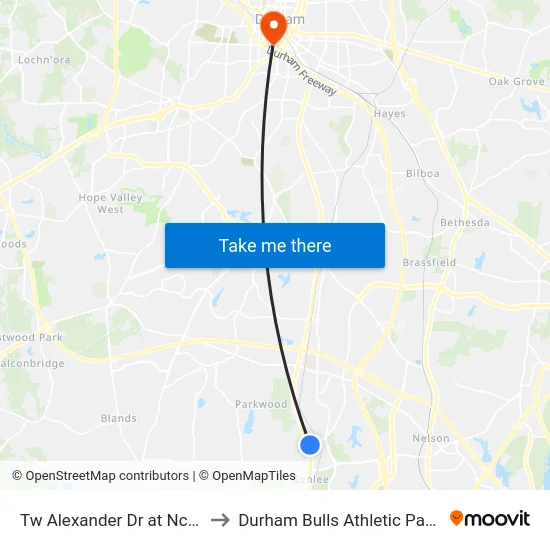 Tw Alexander Dr at Nc 55 (Wb) to Durham Bulls Athletic Park - DBAP map