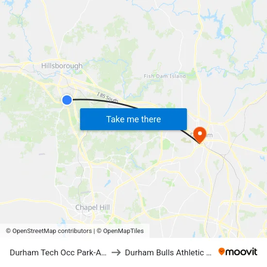 Durham Tech Occ Park-And-Ride (Nb) to Durham Bulls Athletic Park - DBAP map