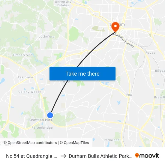 Nc 54 at Quadrangle Dr (Eb) to Durham Bulls Athletic Park - DBAP map