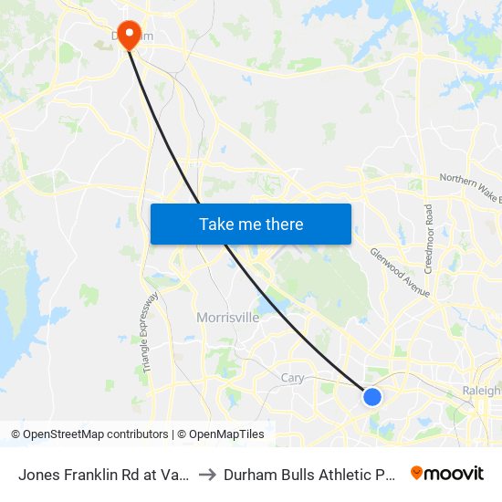 Jones Franklin Rd at Vann St (Sb) to Durham Bulls Athletic Park - DBAP map