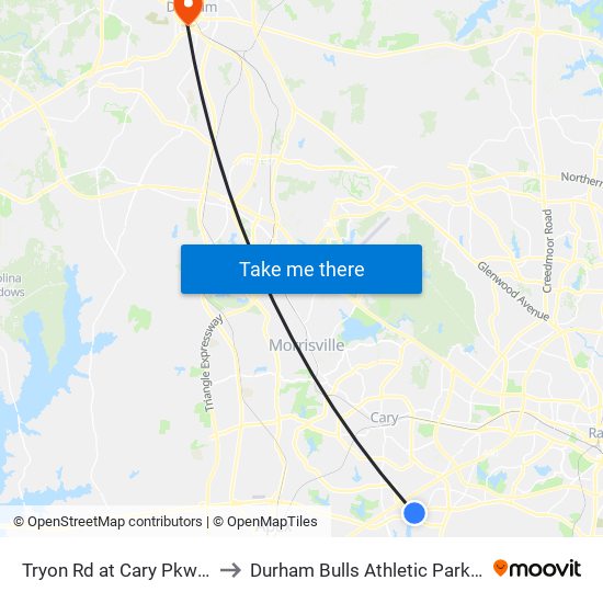 Tryon Rd at Cary Pkwy (Wb) to Durham Bulls Athletic Park - DBAP map