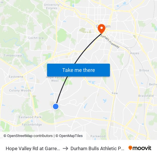 Hope Valley Rd at Garrett Rd (Nb) to Durham Bulls Athletic Park - DBAP map