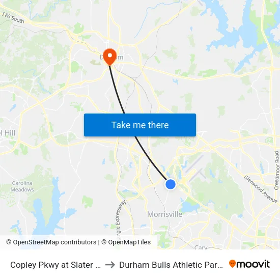 Copley Pkwy at Slater Rd (Eb) to Durham Bulls Athletic Park - DBAP map