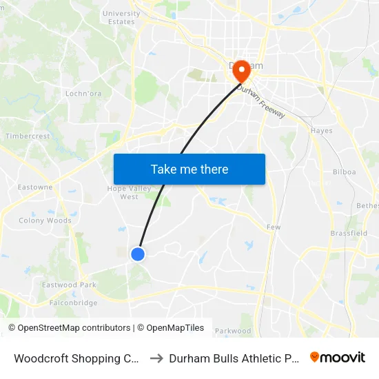 Woodcroft Shopping Center (Wb) to Durham Bulls Athletic Park - DBAP map