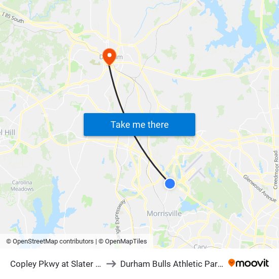 Copley Pkwy at Slater Rd (Wb) to Durham Bulls Athletic Park - DBAP map