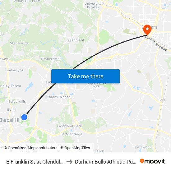 E Franklin St at Glendale Dr (Eb) to Durham Bulls Athletic Park - DBAP map