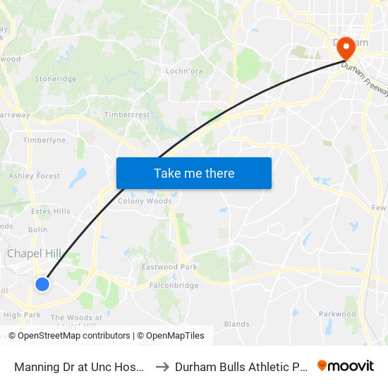 Manning Dr at Unc Hospitals (Wb) to Durham Bulls Athletic Park - DBAP map