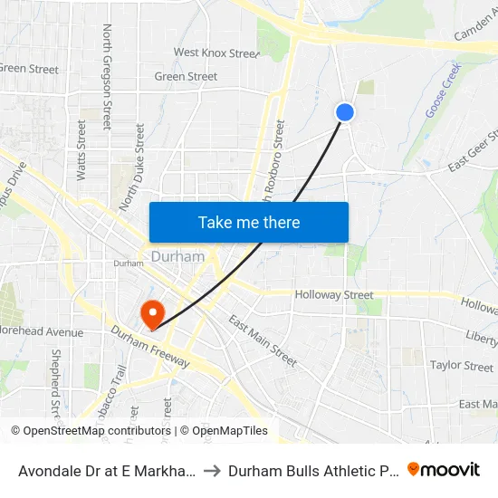 Avondale Dr at E Markham Ave (Sb) to Durham Bulls Athletic Park - DBAP map
