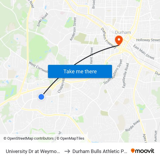 University Dr at Weymouth St (Wb) to Durham Bulls Athletic Park - DBAP map