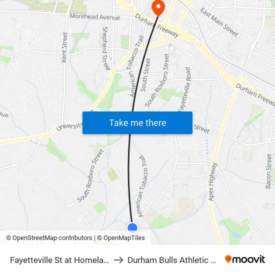 Fayetteville St at Homeland Ave (Nb) to Durham Bulls Athletic Park - DBAP map