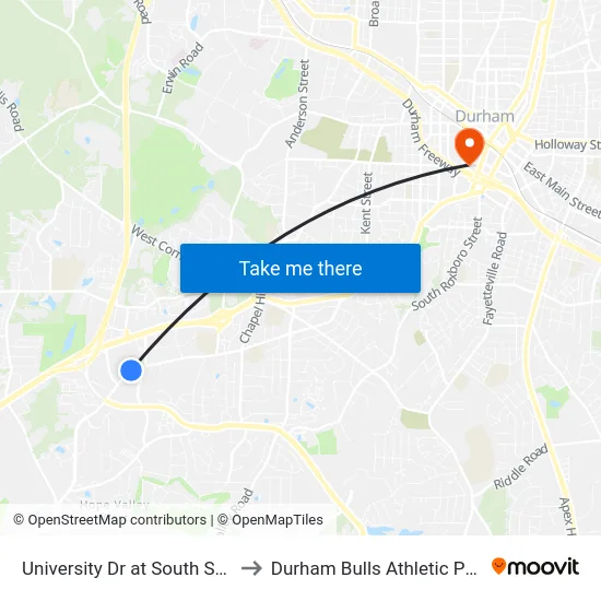 University Dr at South Square Mall to Durham Bulls Athletic Park - DBAP map