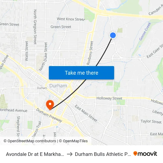 Avondale Dr at E Markham Ave (Nb) to Durham Bulls Athletic Park - DBAP map