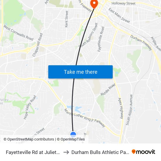 Fayetteville Rd at Juliette Dr (Nb) to Durham Bulls Athletic Park - DBAP map