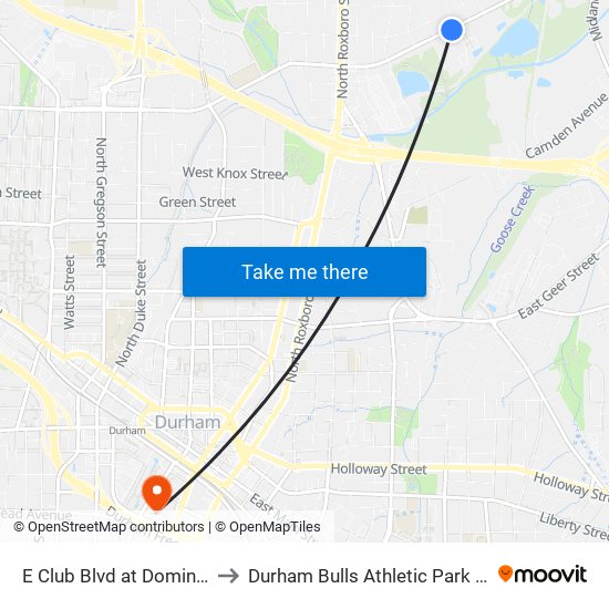 E Club Blvd at Dominion St to Durham Bulls Athletic Park - DBAP map