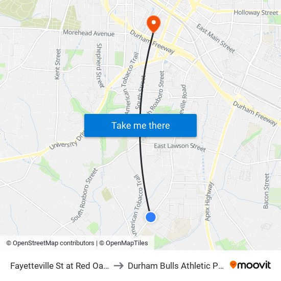 Fayetteville St at Red Oak Ave (Nb) to Durham Bulls Athletic Park - DBAP map