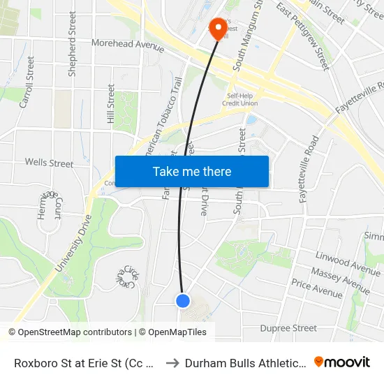 Roxboro St at Erie St (Cc Spaulding Elem to Durham Bulls Athletic Park - DBAP map