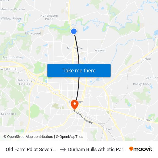 Old Farm Rd at Seven Oaks Rd to Durham Bulls Athletic Park - DBAP map