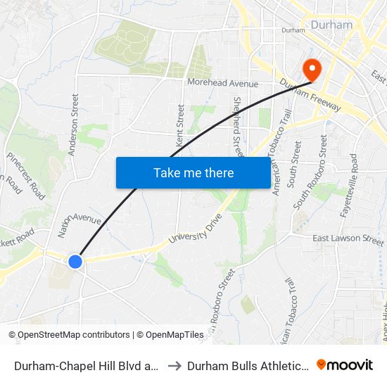 Durham-Chapel Hill Blvd at Hope Valley R to Durham Bulls Athletic Park - DBAP map