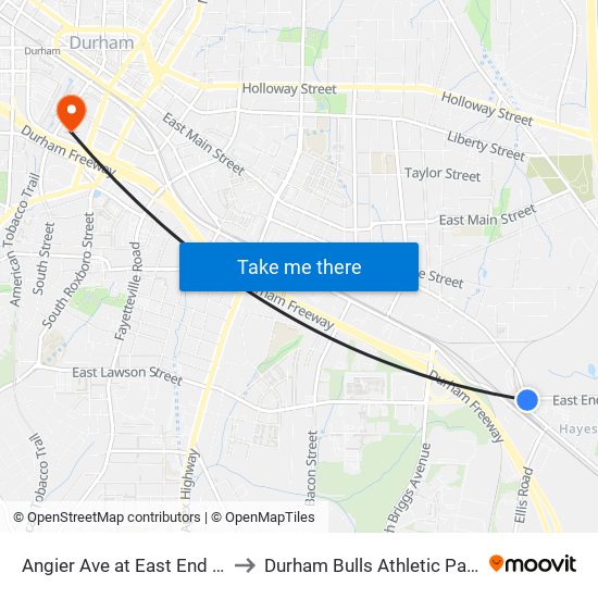 Angier Ave at East End Ave (Wb) to Durham Bulls Athletic Park - DBAP map