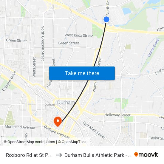 Roxboro Rd at St Paul St to Durham Bulls Athletic Park - DBAP map