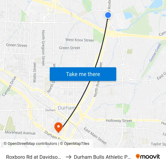 Roxboro Rd at Davidson Ave (Sb) to Durham Bulls Athletic Park - DBAP map