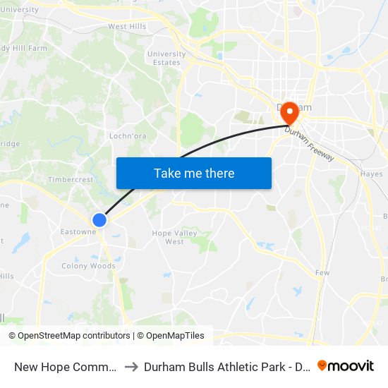 New Hope Commons to Durham Bulls Athletic Park - DBAP map