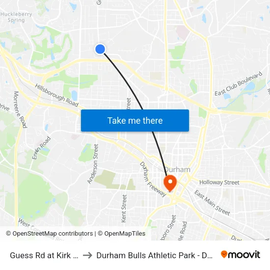Guess Rd at Kirk Rd to Durham Bulls Athletic Park - DBAP map