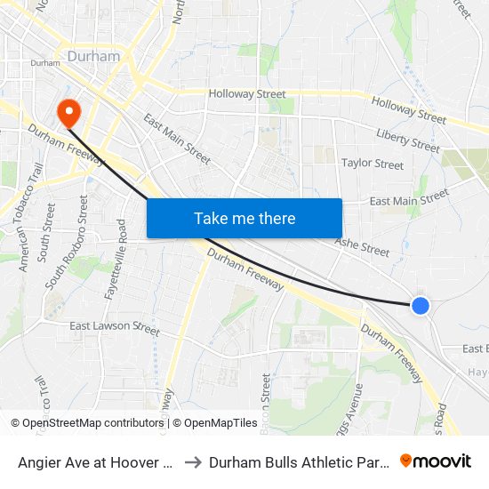 Angier Ave at Hoover Rd (Wb) to Durham Bulls Athletic Park - DBAP map