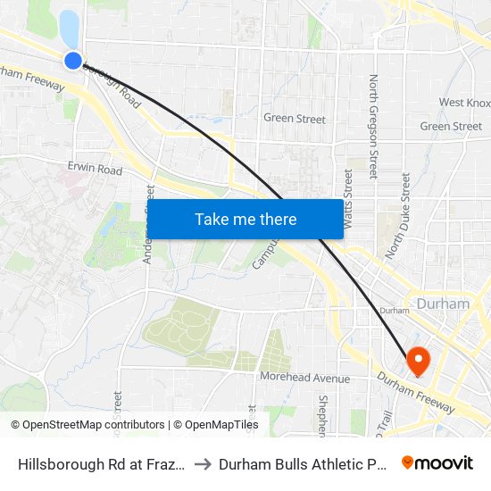 Hillsborough Rd at Frazee Carpet to Durham Bulls Athletic Park - DBAP map