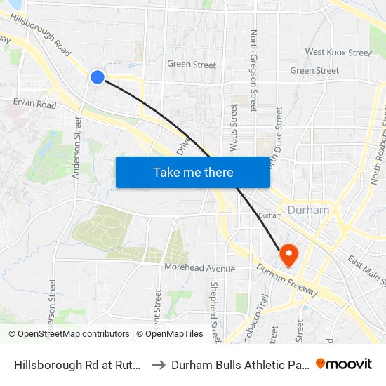 Hillsborough Rd at Rutherford St to Durham Bulls Athletic Park - DBAP map