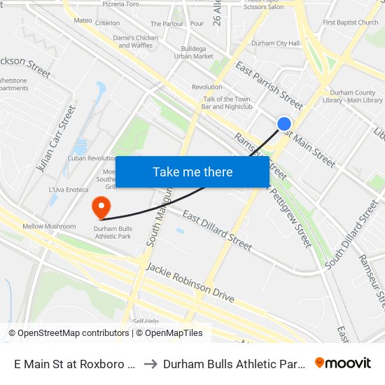 E Main St at Roxboro St (Wb) to Durham Bulls Athletic Park - DBAP map