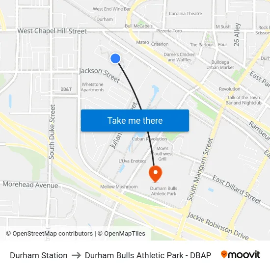 Durham Station to Durham Bulls Athletic Park - DBAP map