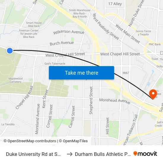 Duke University Rd at Swift Ave (Eb) to Durham Bulls Athletic Park - DBAP map