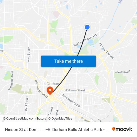 Hinson St at Demille St to Durham Bulls Athletic Park - DBAP map