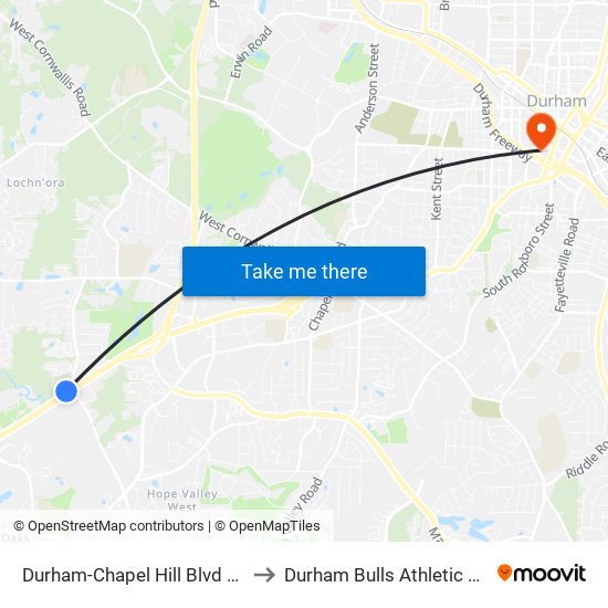 Durham-Chapel Hill Blvd at Garrett Rd to Durham Bulls Athletic Park - DBAP map