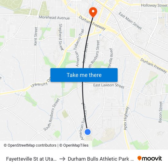 Fayetteville St at Utah Ave to Durham Bulls Athletic Park - DBAP map