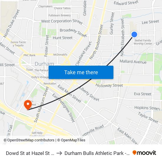 Dowd St at Hazel St (Wb) to Durham Bulls Athletic Park - DBAP map