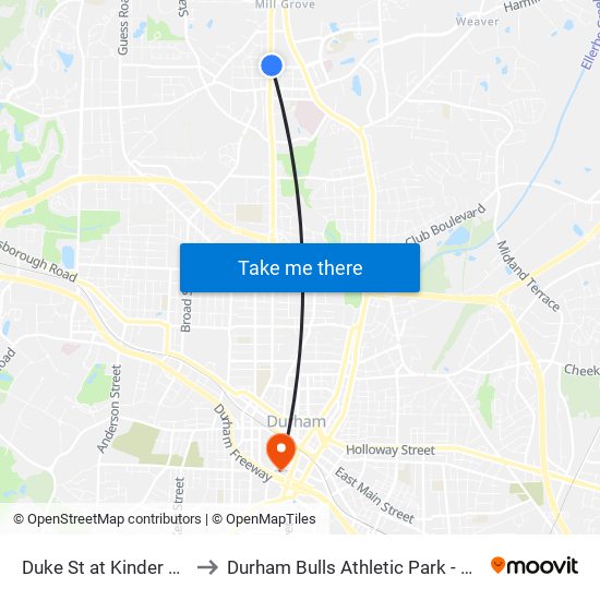 Duke St at Kinder Care to Durham Bulls Athletic Park - DBAP map