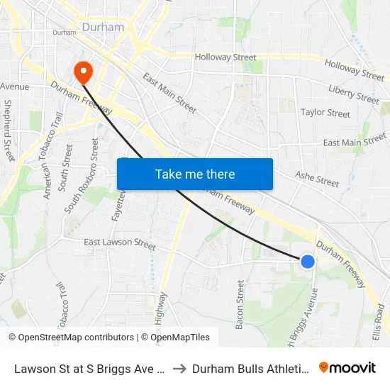 Lawson St at S Briggs Ave (Durham Exchan to Durham Bulls Athletic Park - DBAP map
